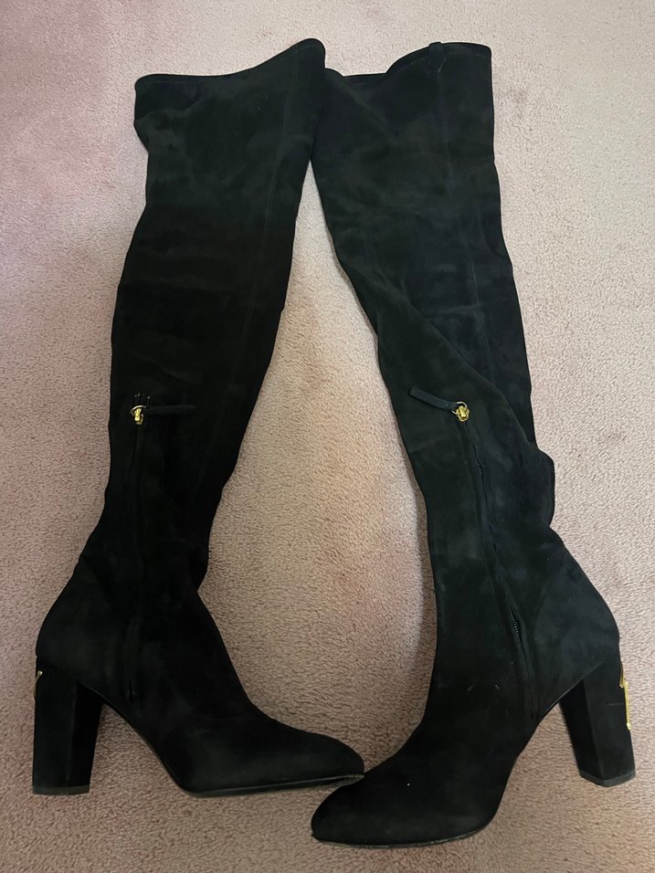 Siyah Süet Tokalı Stiletto Dizüstü Kadın Çizme - Görsel 2