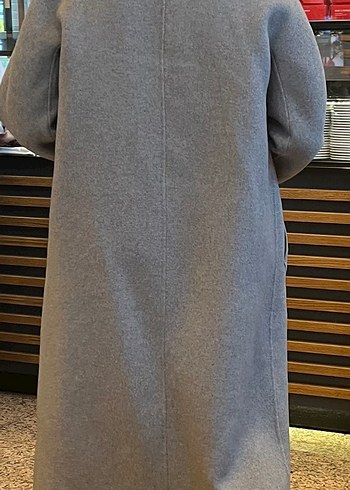 Gri çift düğmeli uzun kaban kaşe manto - Görsel 6