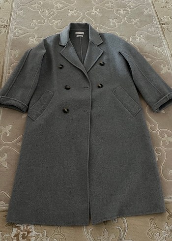 Gri çift düğmeli uzun kaban kaşe manto - Görsel 4