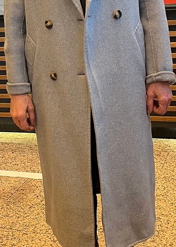 Gri çift düğmeli uzun kaban kaşe manto - Görsel 7