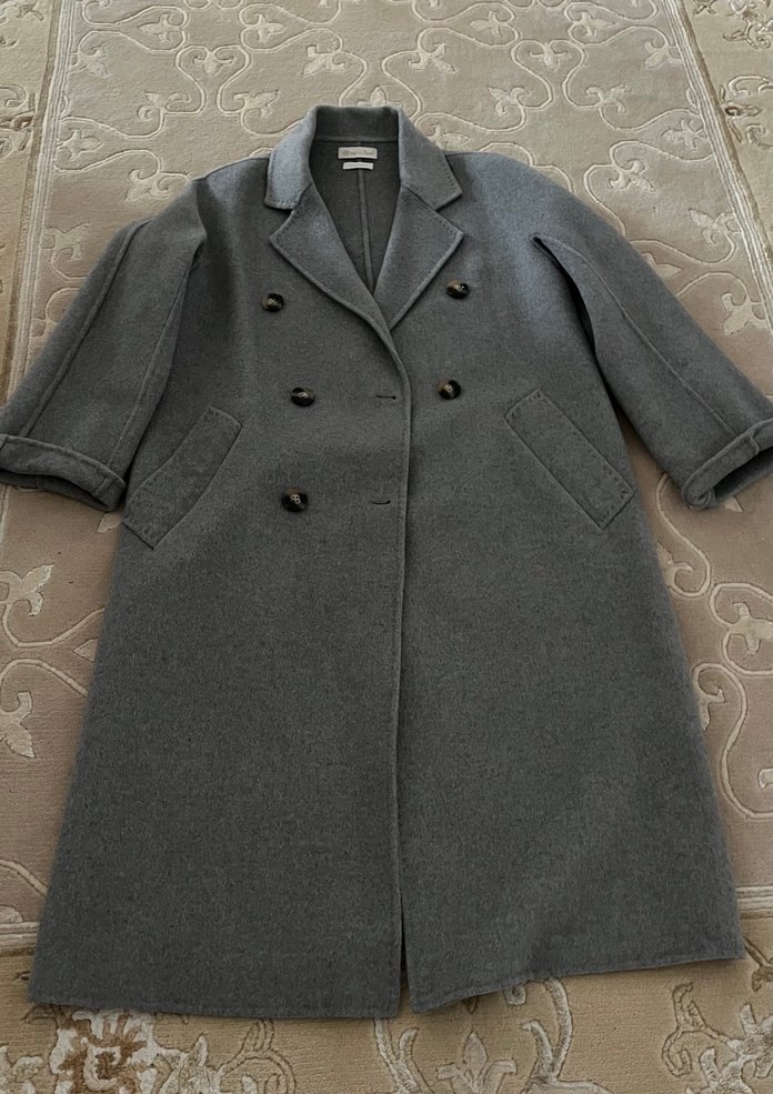 Gri çift düğmeli uzun kaban kaşe manto - Görsel 4