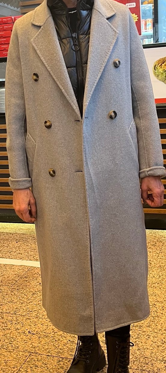 Gri çift düğmeli uzun kaban kaşe manto - Görsel 5