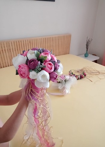 Beden Pembe Dantel Bohem Gelin Çiçeği ve Taç Seti
