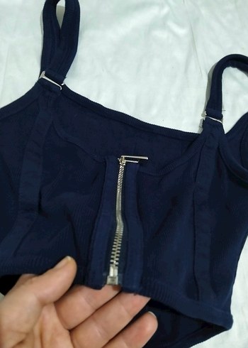 Kadın Lacivert Denim Fermuarlı Büstiyer - Görsel 6