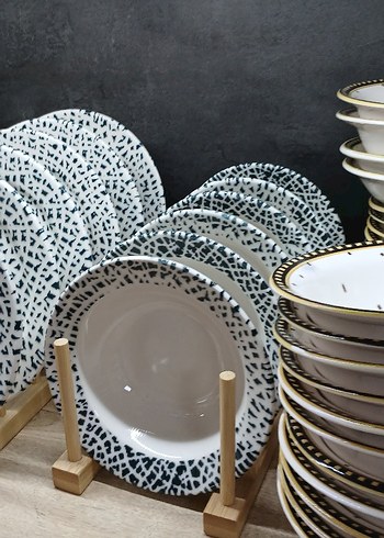 Beyaz Siyah Desenli Yemek Tabağı Seti 24 parca - Görsel 5