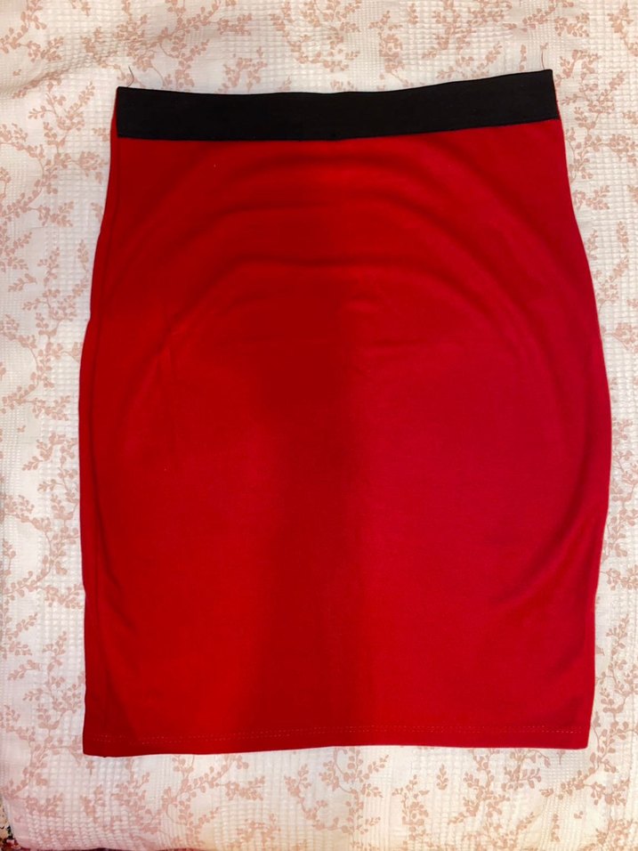 Drapeli Kırmızı Midi Kalem Eteği - Görsel 2