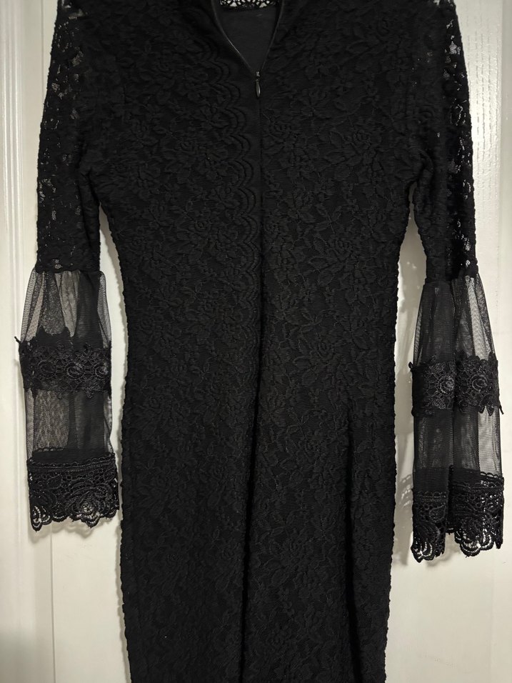 Siyah Dantel Uzun Kollu Gotik Ofis Elbisesi - Görsel 5