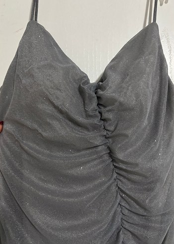 Uzun gri Drapeli V Yaka Kadın Abiye Elbise - Görsel 3