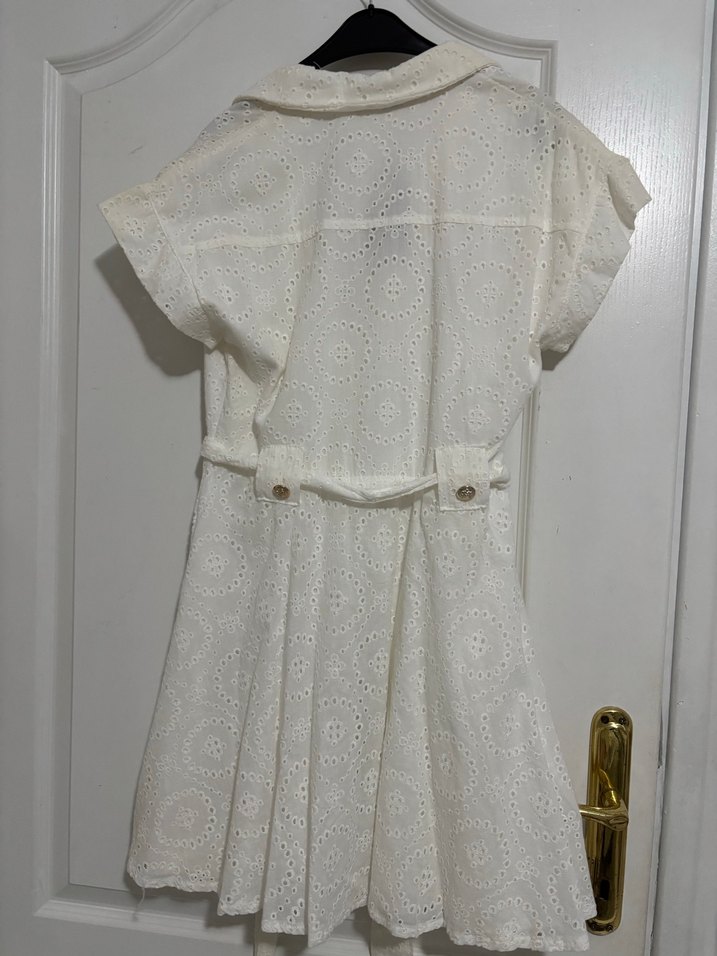 Düğmeli Beyaz Mini Bohem Keten Elbise - Görsel 4