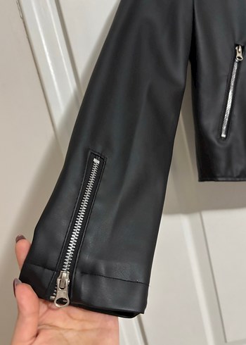 Kadın Siyah Deri Biker Ceket - Görsel 3