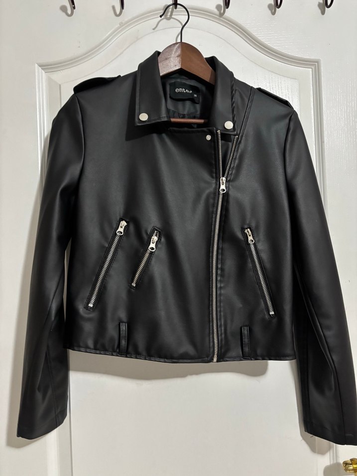 Kadın Siyah Deri Biker Ceket - Görsel 5