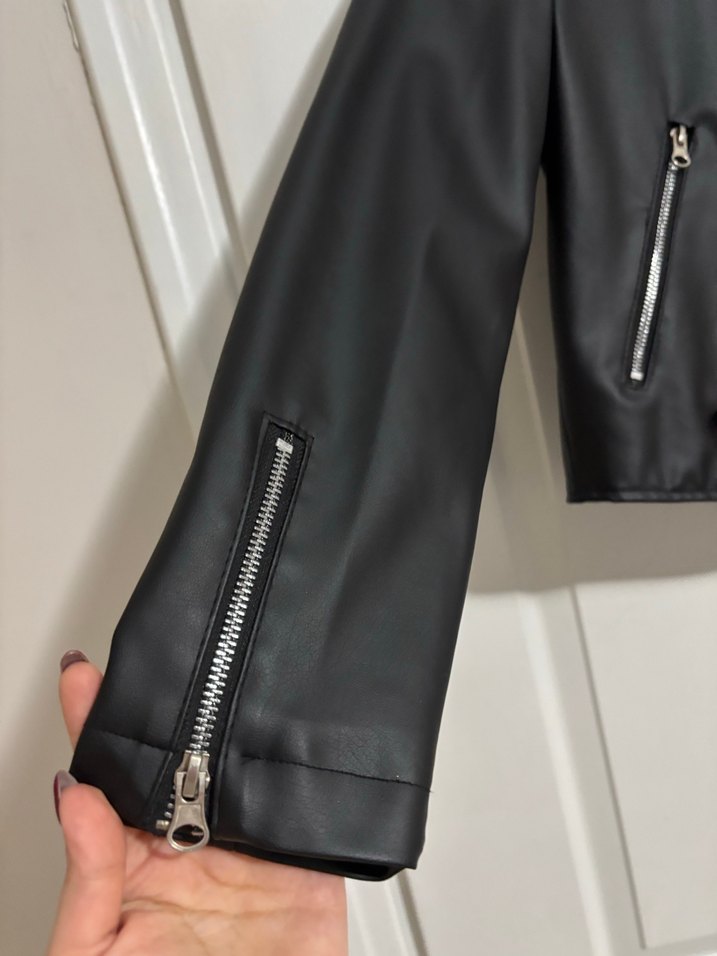 Kadın Siyah Deri Biker Ceket - Görsel 3