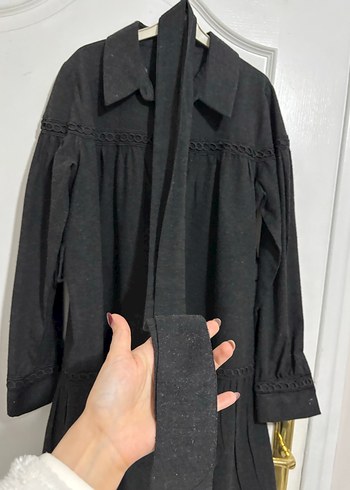 Uzun Siyah Keten mini elbise - Görsel 3