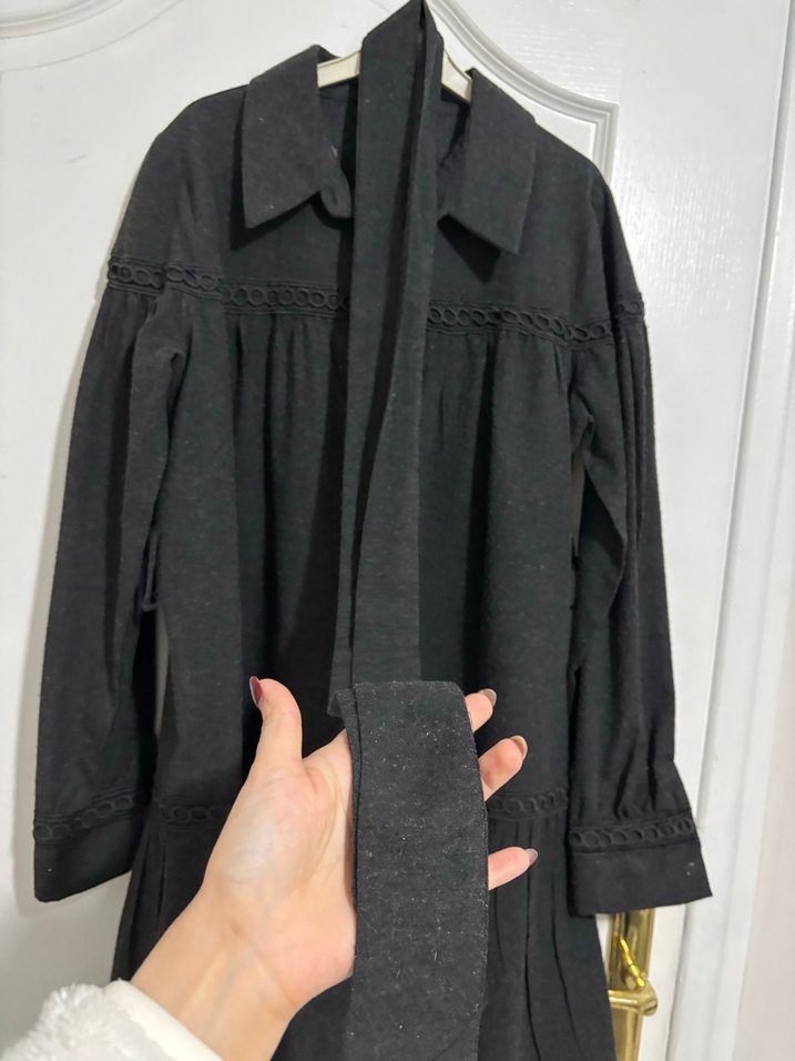 Uzun Siyah Keten mini elbise - Görsel 3