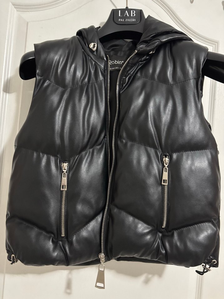 Siyah Deri Kısa Fermuarlı Kadın Yelek - Görsel 5