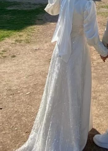 Uzun Kollu Yüksek Yakalı Beyaz A Kesim Gelinlik/Nikah Abiyesi