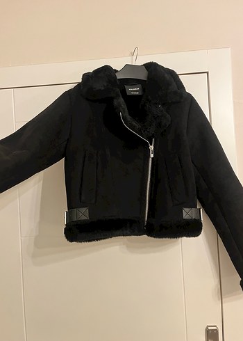 Pull bear Siyah Süet Kürklü Kısa Biker Ceket - Görsel 3