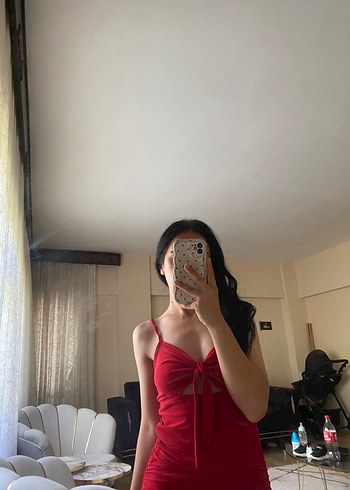 Kırmızı İnce Askılı Transparan Mini Elbise