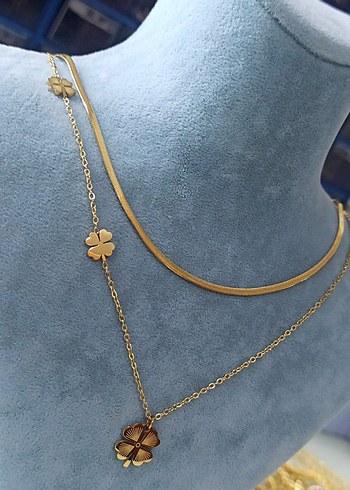 Çelik Gold Mini Yonca Çift Zincirli Kolye - Görsel 2