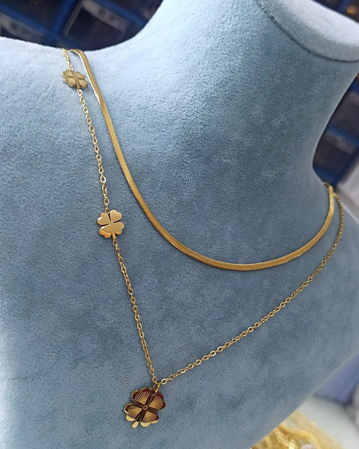 Çelik Gold Mini Yonca Çift Zincirli Kolye - Görsel 2