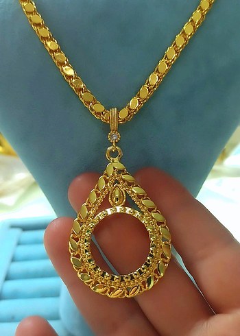 Arpa Zincirli Tam Altın Çerçeveli Kolye - Görsel 2