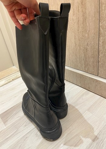 Siyah Deri Dizüstü Topuklu Çizme - Görsel 2