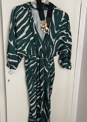 Yeşil Zebra Desenli midi Kadın Elbise
