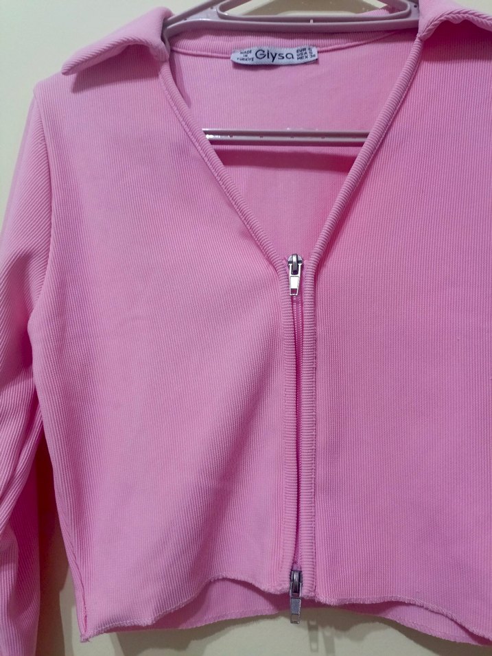 Pembe Fermuarlı V Yaka Kadın Ceket - Görsel 2