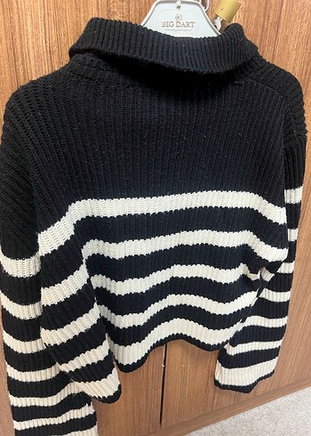 universal Beden Siyah Beyaz Zebra Desenli Balıkçı Yaka Kazak