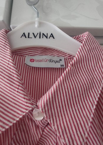 Kırmızı cizgili Uzun Kadın Gömlek Fırfırlı - Görsel 5