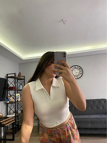 Siyah beyaz gri Polo yaka bluz