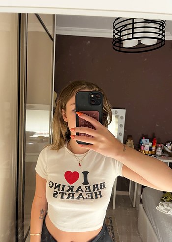 Baskılı Beyaz Kız Crop Tişört