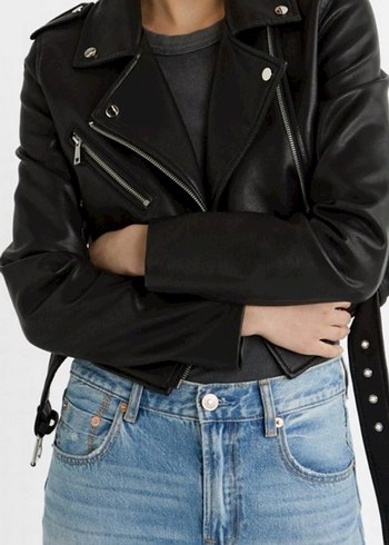 Kadın Siyah Deri Biker Ceket Kemerli - Görsel 6