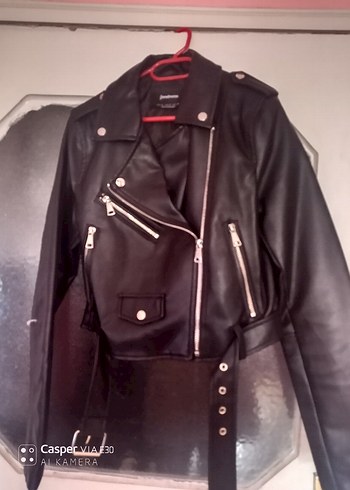 Kadın Siyah Deri Biker Ceket Kemerli - Görsel 2