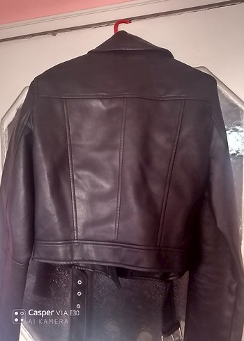 Kadın Siyah Deri Biker Ceket Kemerli - Görsel 4