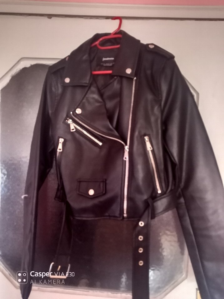 Kadın Siyah Deri Biker Ceket Kemerli - Görsel 2