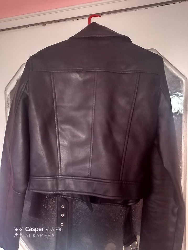 Kadın Siyah Deri Biker Ceket Kemerli - Görsel 4