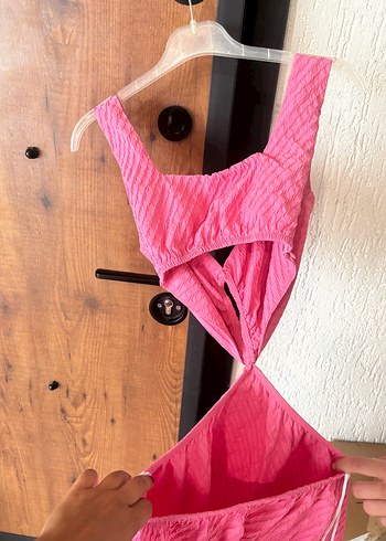 Pembe Pilili Keten Uzun Elbise - Görsel 3