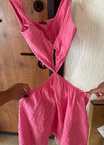 Pembe Pilili Keten Uzun Elbise - Görsel 2