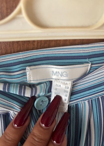 Miarte Mavi Gri Çizgili Pilili Mini Etek - Görsel 2