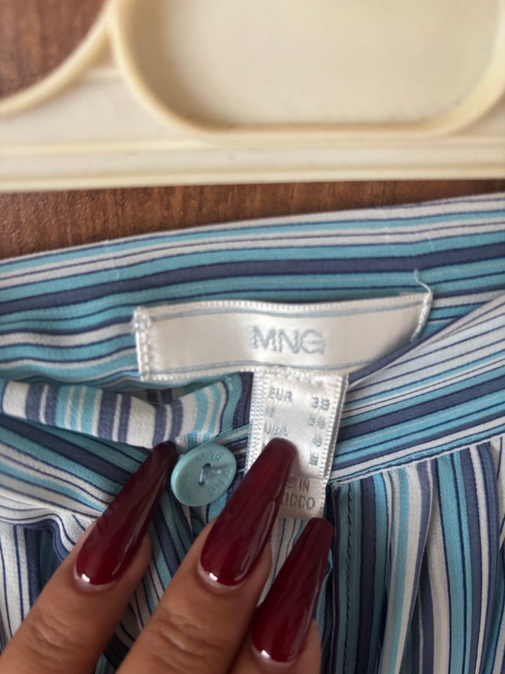 Miarte Mavi Gri Çizgili Pilili Mini Etek - Görsel 2