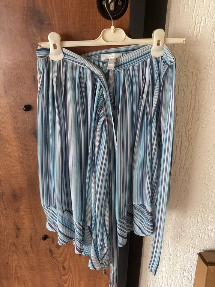 Miarte Mavi Gri Çizgili Pilili Mini Etek - Görsel 3