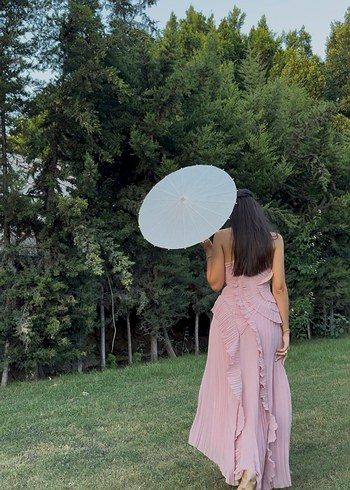 Zara Pembe Pilili Uzun Straplez Elbise