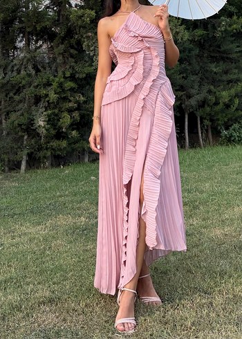 Pembe Pilili Uzun Straplez Elbise