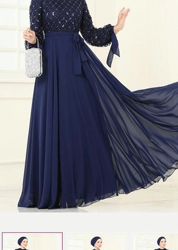 Uzun Kollu İşlemeli Lacivert Abiye Elbise - Görsel 2