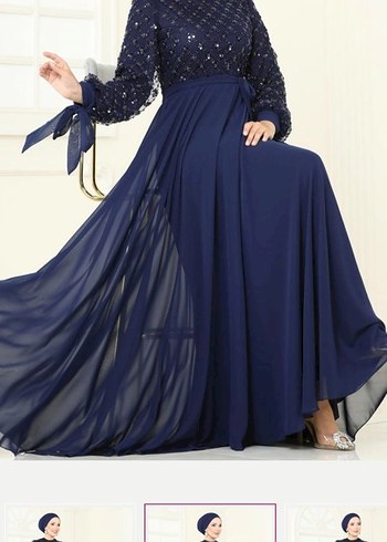 Uzun Kollu İşlemeli Lacivert Abiye Elbise - Görsel 3