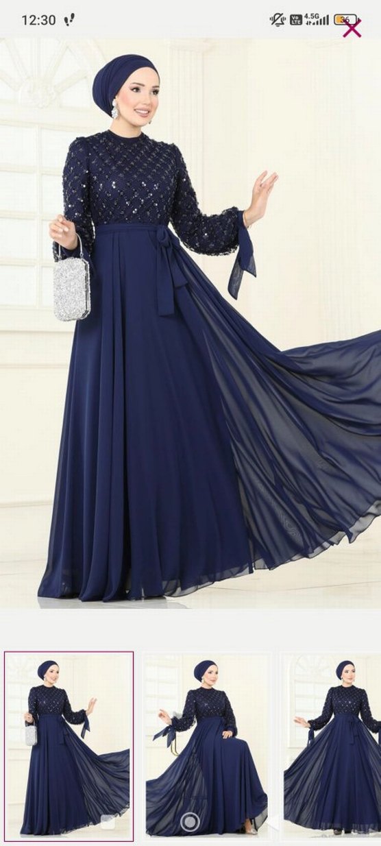 Uzun Kollu İşlemeli Lacivert Abiye Elbise - Görsel 2