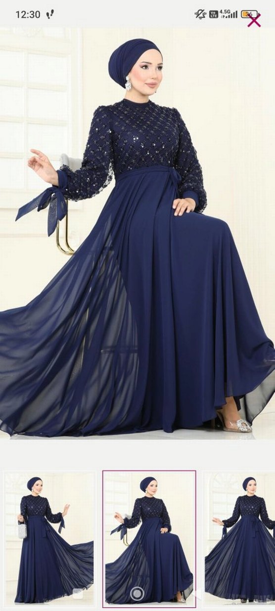 Uzun Kollu İşlemeli Lacivert Abiye Elbise - Görsel 3