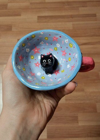 Renkli Kedi Figürlü Mavi Seramik Fincan - Görsel 2