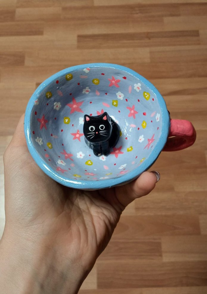 Renkli Kedi Figürlü Mavi Seramik Fincan - Görsel 2